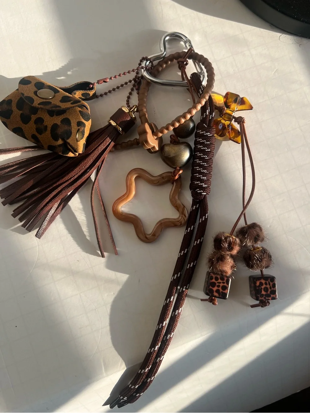 Brown Leather & Leopard Accent Keychain Bag  Charm
